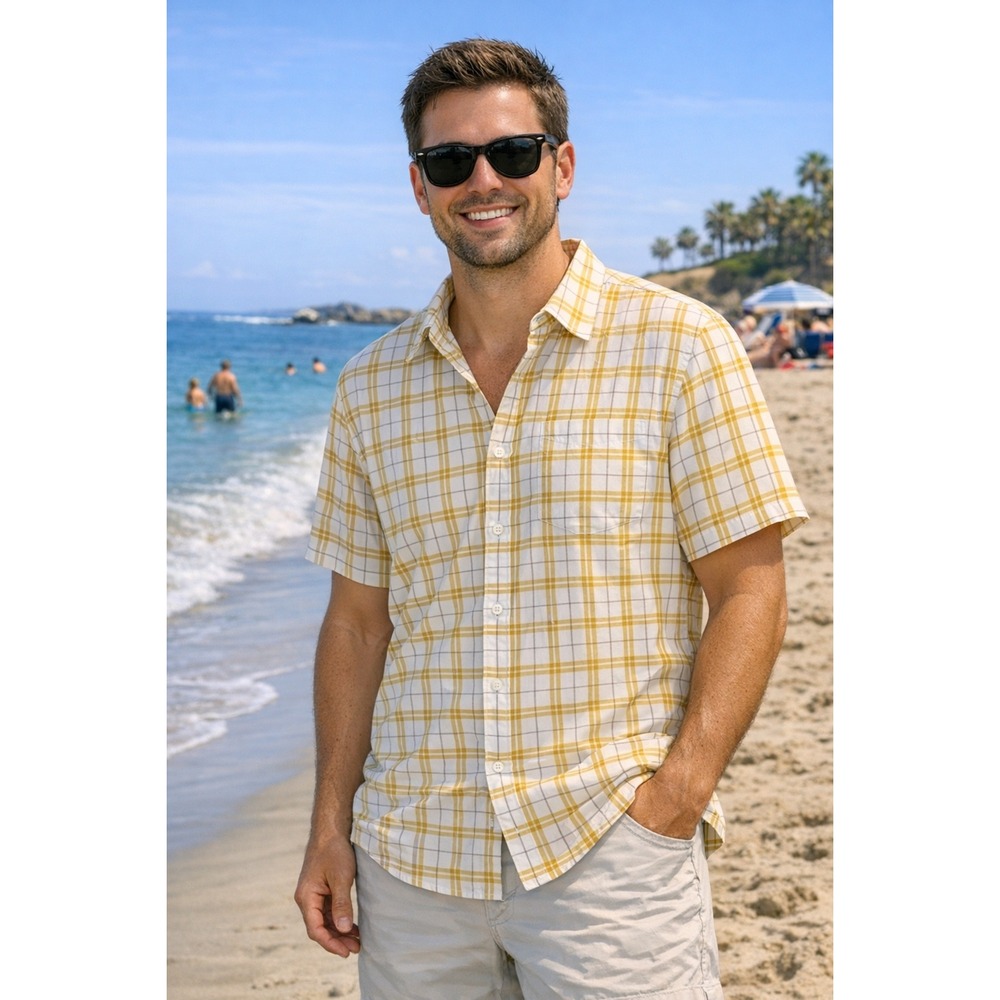 Under Armour Mens XL Fitted Plaid Short Sleeve Button Down Shirt Yellow White